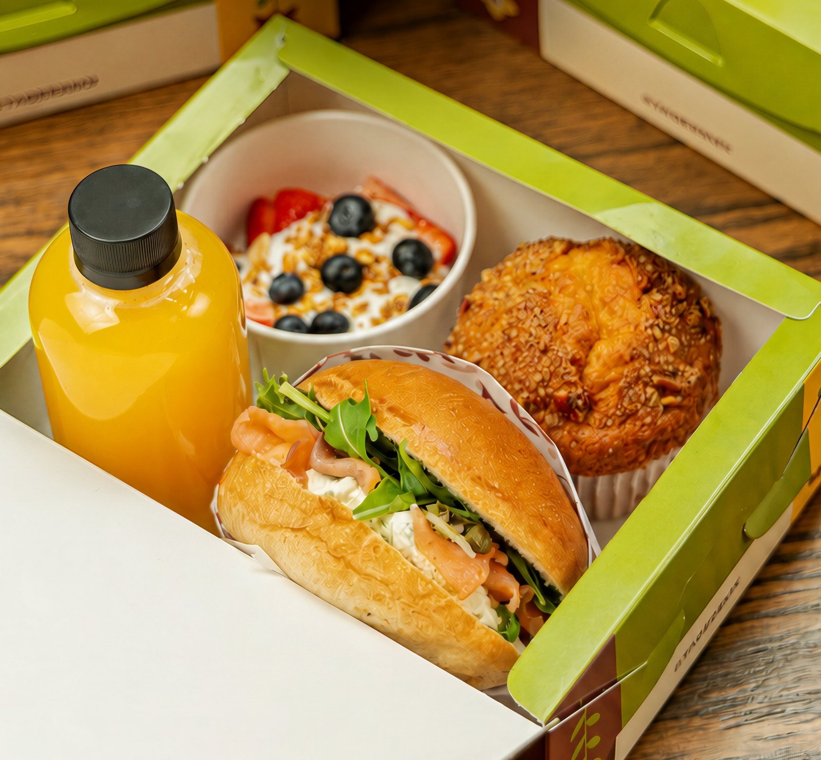 Caja de breakfast y brunch de Tagers abierta: jugo de naranja, brioche de salmón, muffin y fruta con yogur