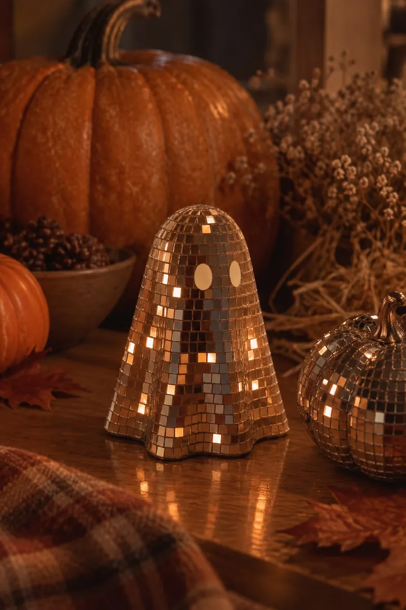 Un fantasma cubierto de espejitos dorados junto a calabazas disco, en una mesa de madera con luz cálida de otoño