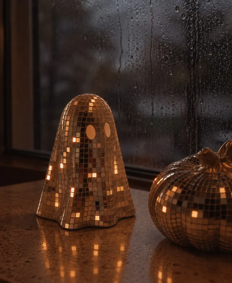 Un fantasma y una calabaza disco brillan junto a una ventana con lluvia