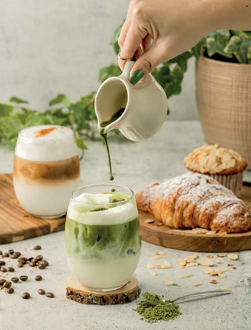 Layered matcha latte next to a latte, a croissant and a muffin