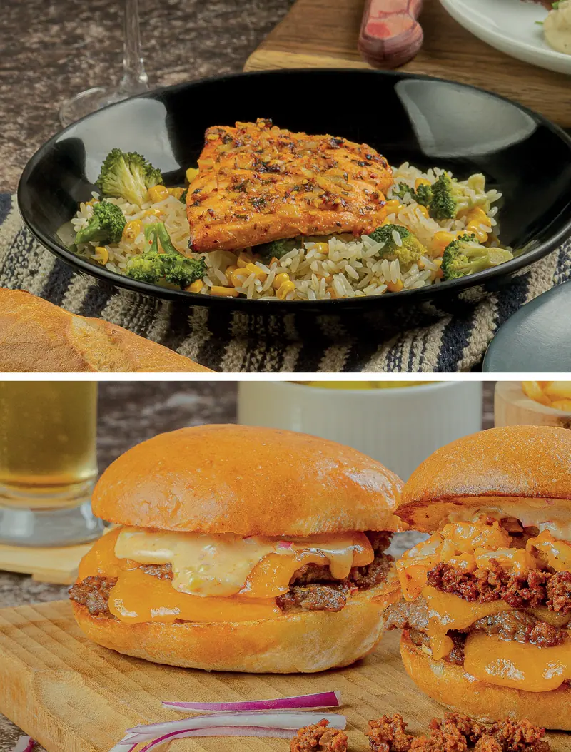 Salmón en costra de ajo y limón sobre arroz con brócoli y, abajo, double smash cheeseburger y red sea smash burger