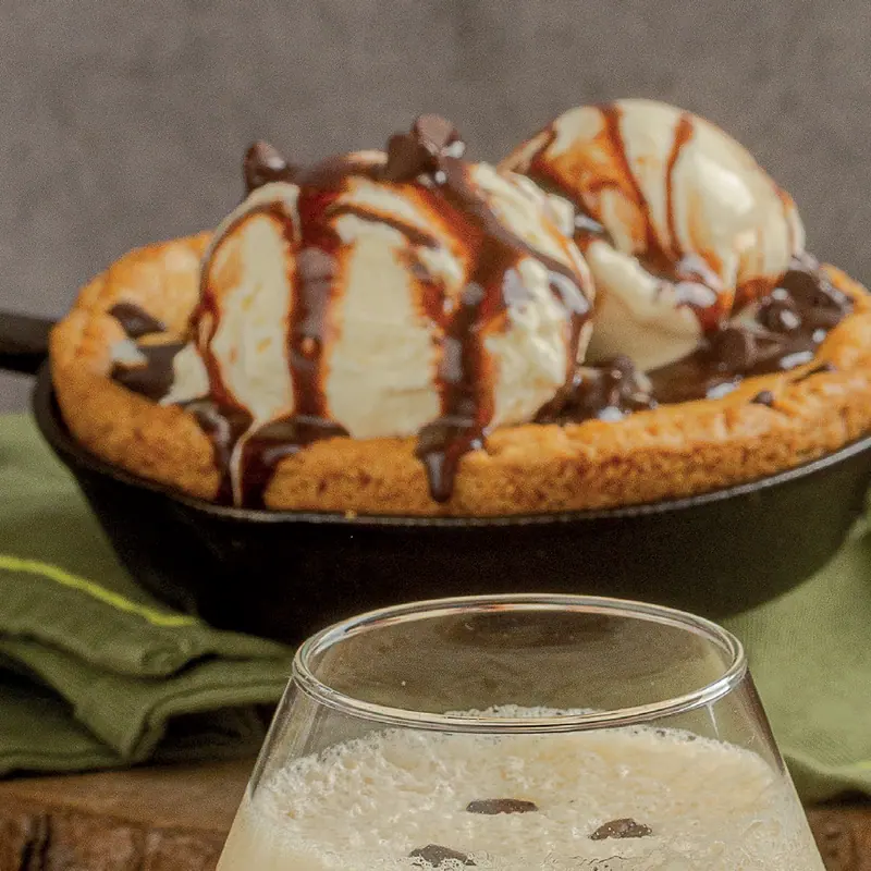 Cookie skillet with vanilla ice cream and chocolate sauce