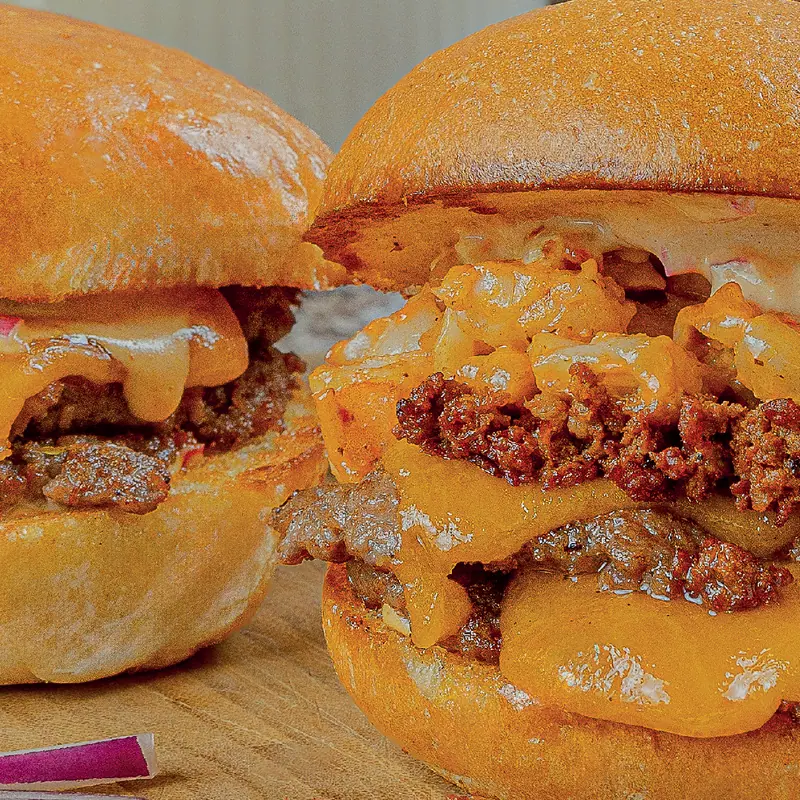 Red sea smash burger with garlic shrimp and house chorizo