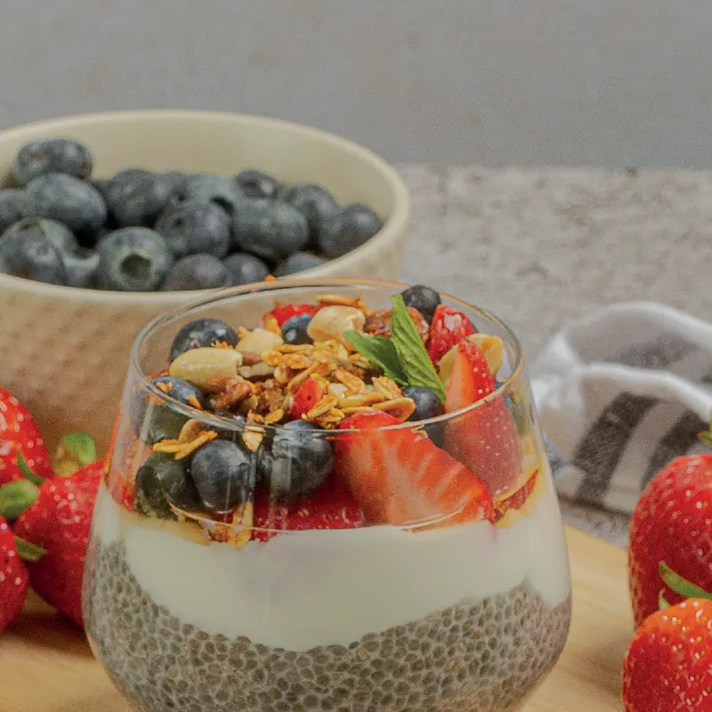 Chia pudding with Greek yogurt, strawberries and blueberries