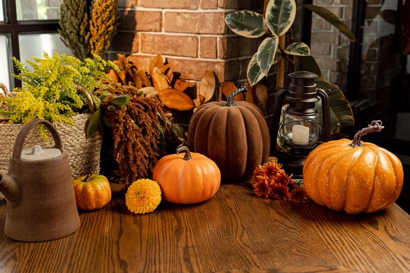 Mesa de madera con calabazas, flores de cempasúchil y una lámpara de aceite