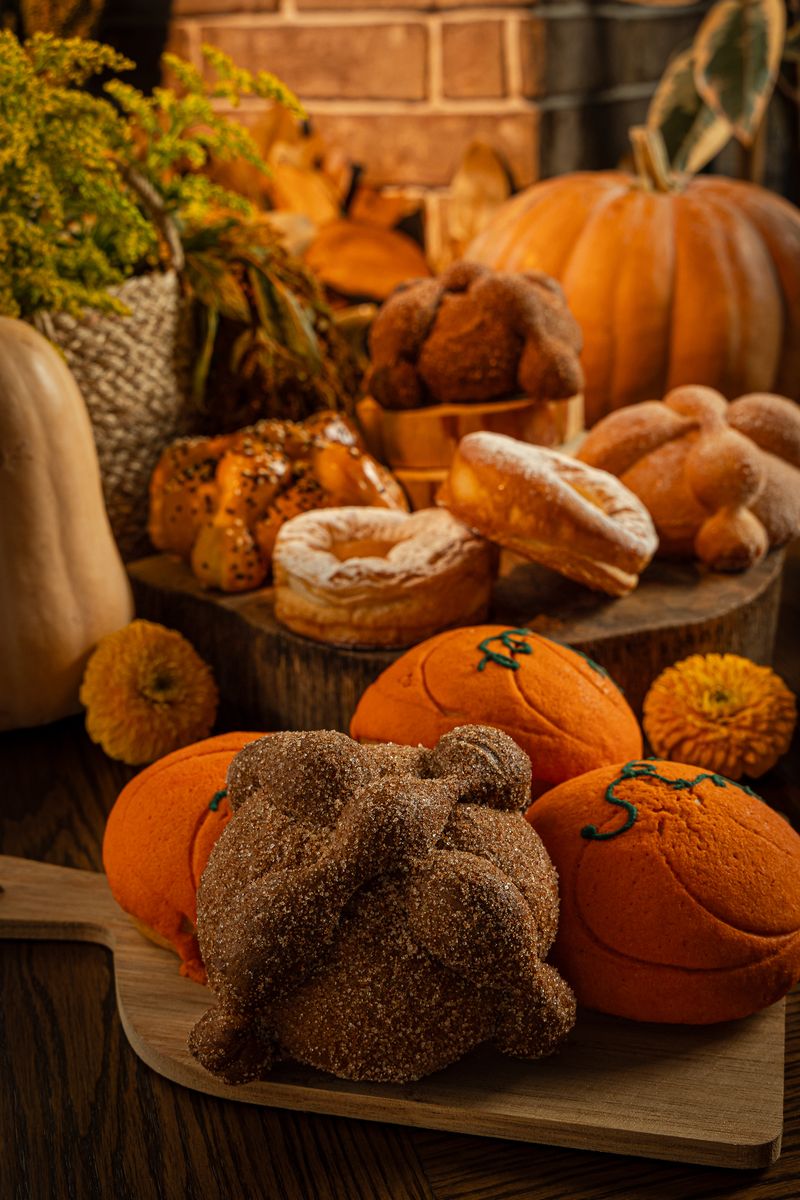 Panes de temporada apilados: pan de muerto de chocolate al frente, conchas de calabaza, danesas y pan de muerto azucarado y con ajonjolí, entre calabazas