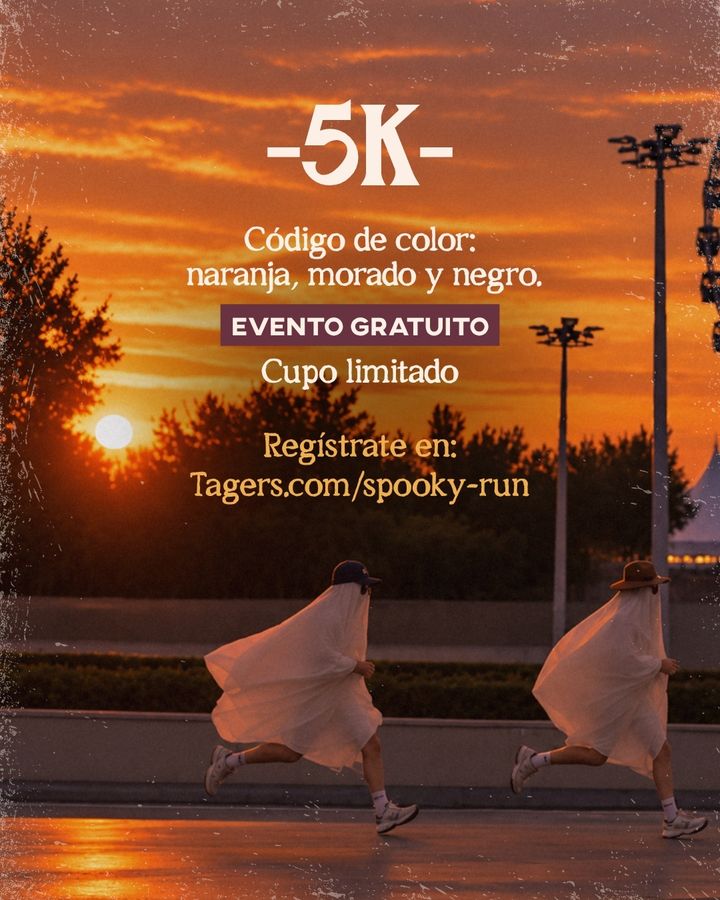 Cartel: 5K, código de color naranja, morado y negro, evento gratuito, cupo limitado