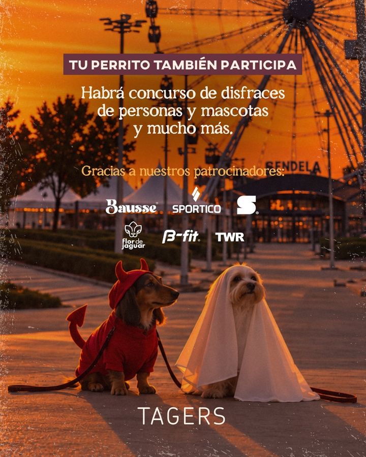Cartel: tu perrito también participa, concurso de disfraces de personas y mascotas