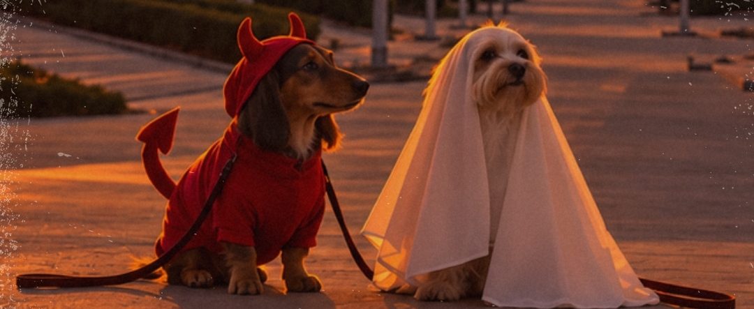 Un perrito salchicha disfrazado de diablito y un perrito disfrazado de fantasma, sentados frente a la rueda de Sendela al atardecer