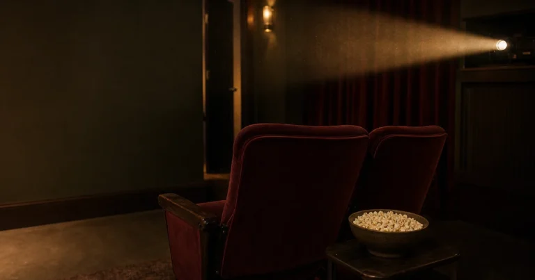 Dos butacas vacías y palomitas en una sala de cine iluminada por un proyector