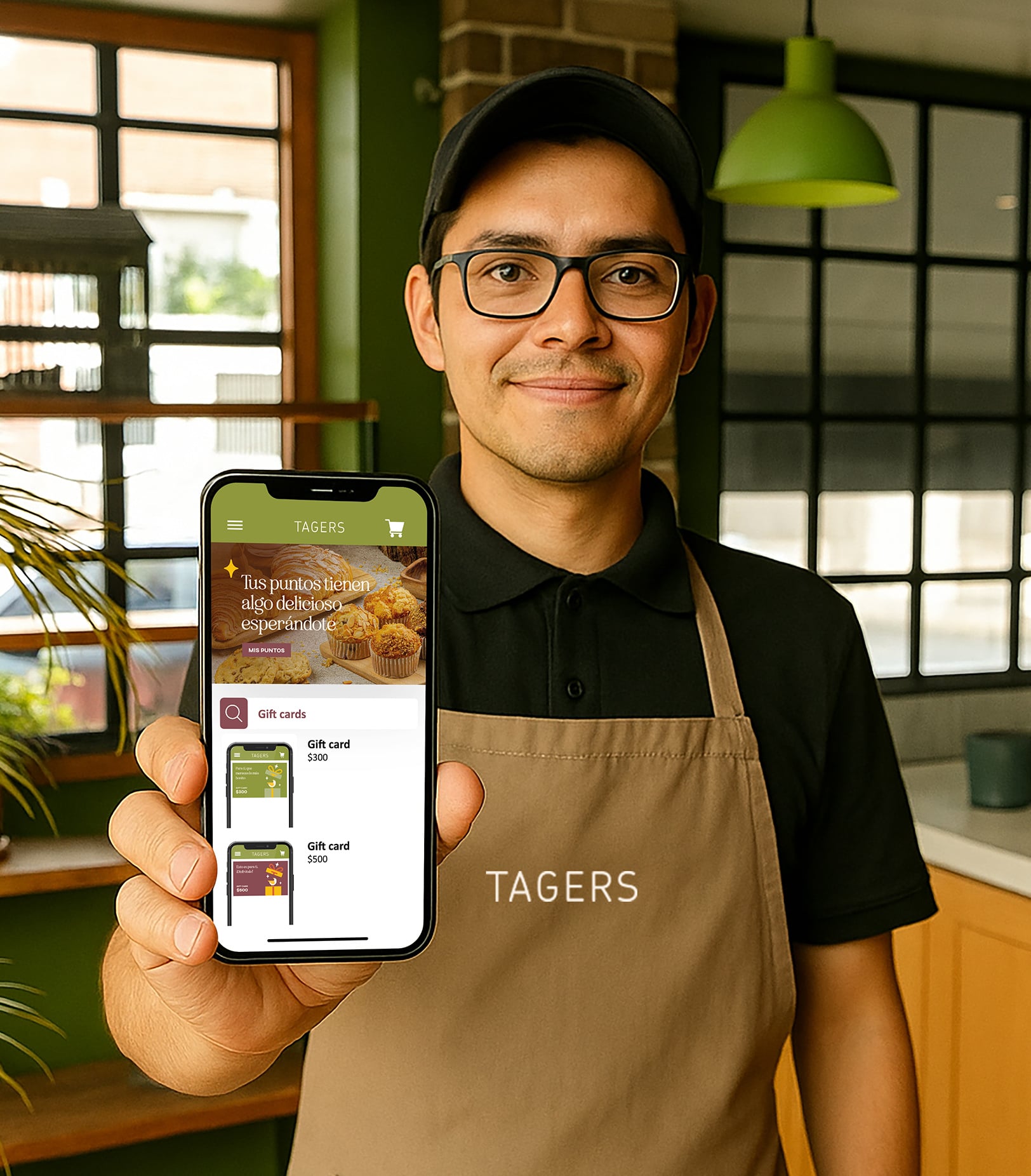 Integrante de Tagers mostrando la aplicación Tagers Rewards
