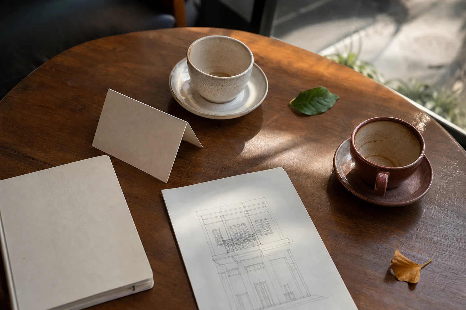 Dos tazas, una tarjeta y un boceto arquitectónico evocan una relación recordada
