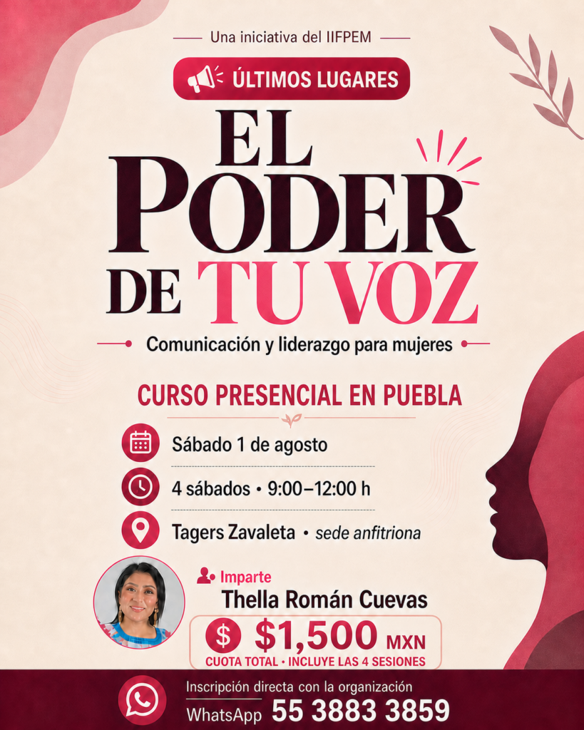 Cartel de El poder de tu voz, curso de comunicación y liderazgo para mujeres en Tagers Zavaleta