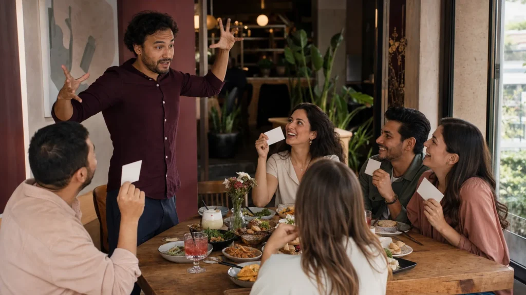 Grupo de amigos jugando con películas difíciles de adivinar durante una comida