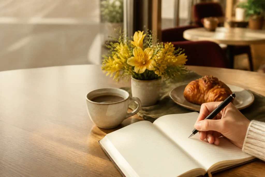 Persona escribiendo en un diario de gratitud junto a café, pan y flores amarillas
