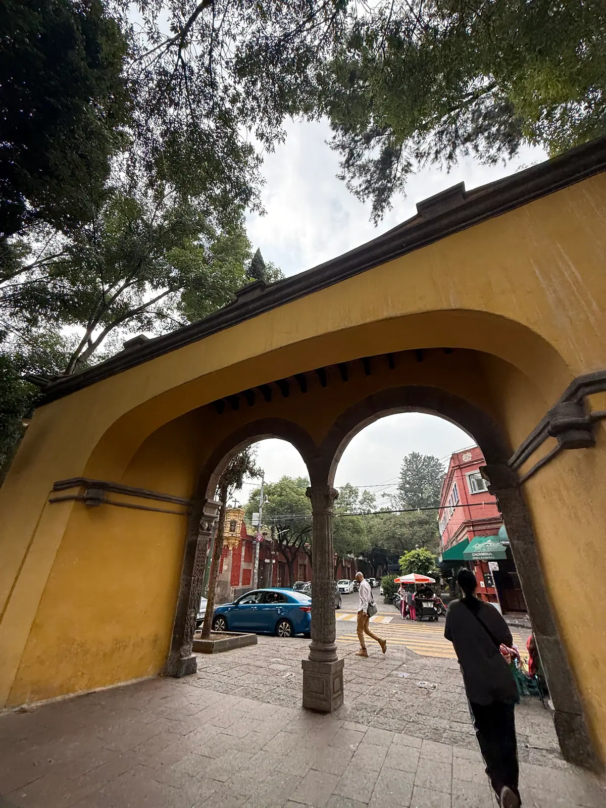 Los arcos amarillos junto al Jardín Centenario, vistos desde abajo, con una persona que camina hacia la calle y árboles altos al fondo