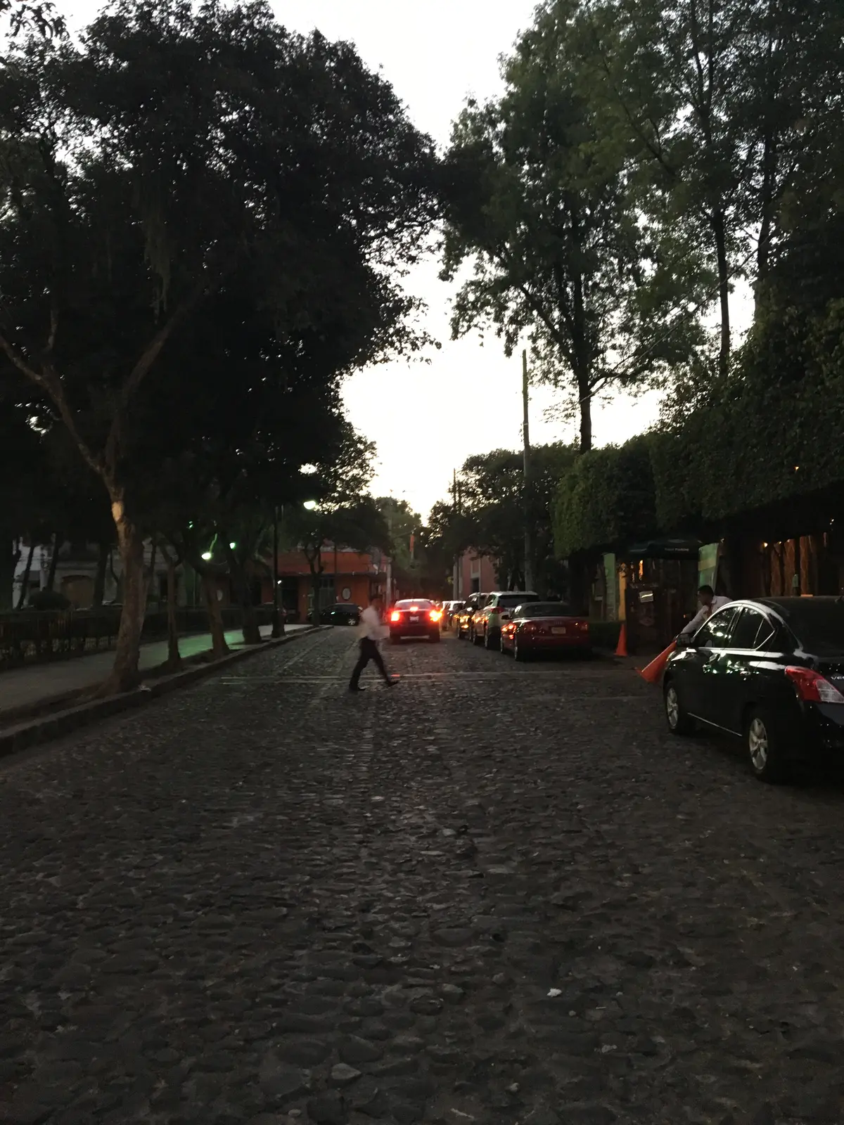 Una calle empedrada junto a la Casa del Risco al anochecer, con un farol encendido y una persona cruzando
